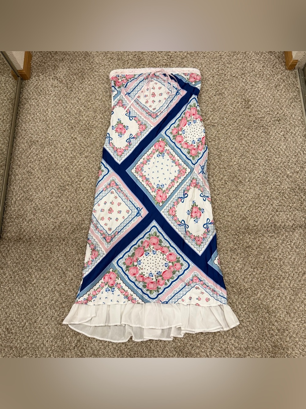 For love and lemons pink and blue floral patchwork strapless dress - Picture 2 of 9